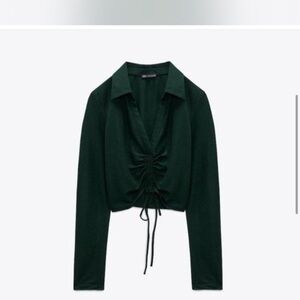 Zara Forest Green Ruched Collared Top